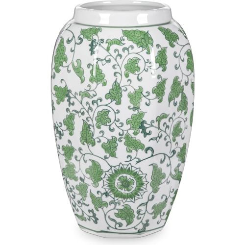 Green Vase 8.5 Inch Traditional Chinoiserie Floral Vase Porcelain Ginger Jar Octagonal Vases Blue and White Porcelain Decor for Home, Living Room, Kitchen, Mantel, Shelf, Table