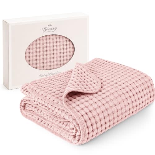 Konssy Waffle Baby Blanket for Boys & Girls, Soft Newborn Swaddle Blanket | Waffle Knit, Cozy Crib Blanket Neutral for Nursery, Stroller & Toddler Bed, Machine Washable, 41" x 37"(Pink)
