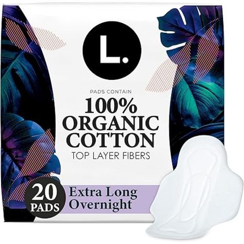 L. Ultra Thin Pads for Women, Overnight Absorbency, Organic Cotton Top Layer, Unscented Pads with Wings,96 Count (Pack of 2)