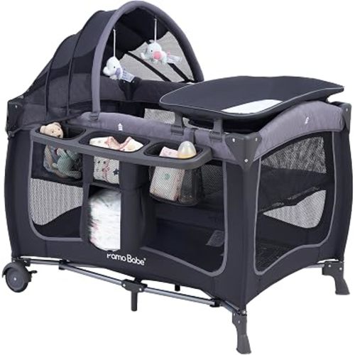 Pamo Babe Baby Playard with Canopy, Portable Crib with Changing Table