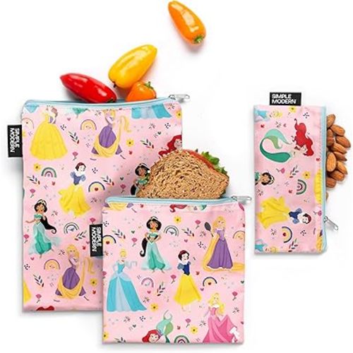 Simple Modern Disney Reusable Snack Bags for Kids | Food Safe, BPA Free, Phthalate Free, Polyester Zip Pouches | Washable & Refillable Sandwich Bag | Ellie Collection | 3 pack | Princess Rainbow