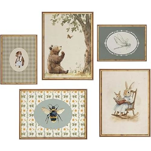 Vintage Animals Nursery Wall Art Decor Set of 5 Retro Canvas Decor Kids Room Painting Farmhouse Animal Posters Teddy Bears, Rabbits, Dragonflies, Bees Pictures Decoration for Children's Bedroom Room Home Decor 8x10 Unframed