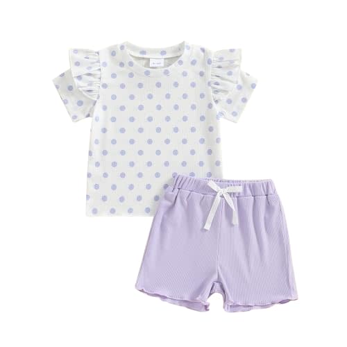 Mandizy Toddler Baby Girl Clothes Summer Ribbed Knit Ruffle Short Sleeve Striped Print T-Shirt Tops Shorts Set Outfit