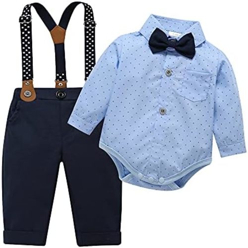 Baby Toddler Boy Formal Gentleman Suits,Dress Short Shirt With Bowtie+Suspender Pants Dressy Outfit