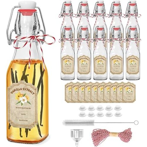 10 Pack Swing Top Glass Vanilla Extract Bottles 8 oz with Lids, Vanilla Labels & Funnel, Boston Square Bottles for Homemade Syrup, DIY Gifts, Flip Top Jars for Extract