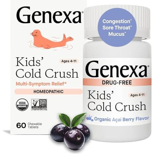 Genexa Kids Cold Crush | Multi-Symptom Cough & Cold, Sore Throat, Congestion Relief for Children | Acai Berry Flavor | Organic & Non-GMO | Homeopathic Remedy Made Clean | 60 Chewable Tablets Age 4-11​