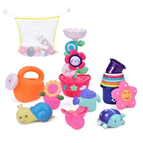 9 PCs Bath Toys Toddlers, Flower Waterfall Water Station Garden Squirter Toys, Stacking Cups Watering Can, Bath Toy Organizer Included Gift for Kids F-194