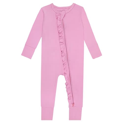 GUISBY Rayon Baby Long Sleeve Footless Rompers, 2 Way Zipper with Ruffle Sleepers 0-24 Months