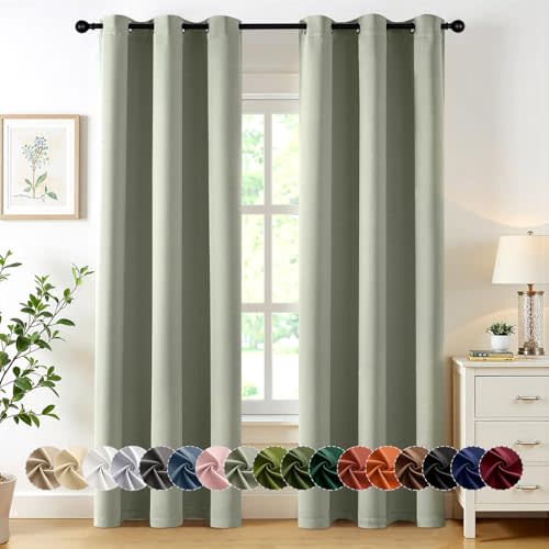 MIULEE Sage Green Blackout Curtains for Bedroom Living Room 84 Inches Long 2 Panels, Thermal Insulated Room Darkening Drapes Solid Grommet Top Noise Reducing Light Green Window Treatments 40x84 Inch