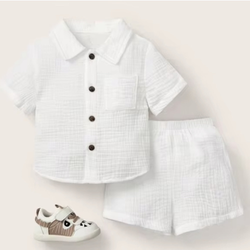 6–9M Cozy Pixies Solid Color Set For Spring/Summer Baby Boy Pocket Patchwork Shirt & Shorts | SHEIN USA