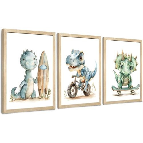Ovczax Framed Dinosaur Nursery Room Decor Cartoon Dinosaur Wall Art 16x12in