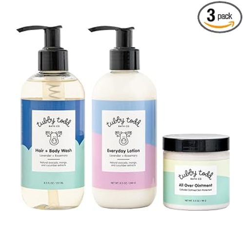 TUBBY TODD 3-Step Baby Bath & Skincare Routine - The Regulars Bundle - 8.5oz Baby Shampoo and Body Wash, 8.5oz Everyday Lotion & 3.5oz All Over Ointment - Lavender Rosemary