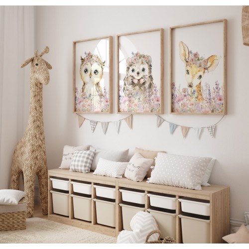 Woodland Animals Nursery Prints, Nursery Decor, Wildflower Animals, Set of 3 Prints, Girls Bedroom Wall Art, Hedgehog, Owl, Deer