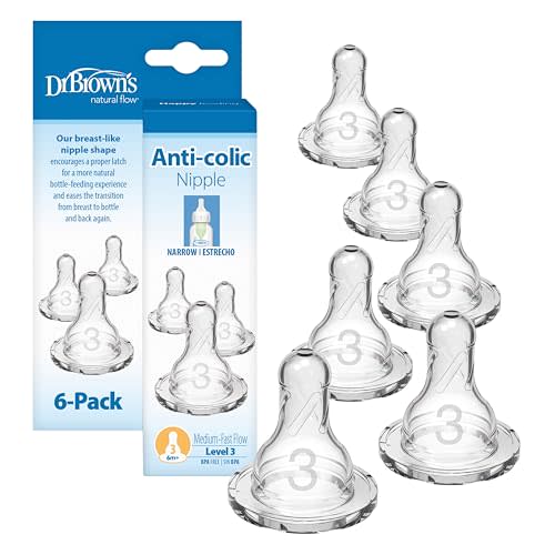 Dr. Brown's Natural Flow Level 3 Narrow Baby Bottle Nipple, Medium-Fast Flow, 6m+, 100% Silicone, 6 Count