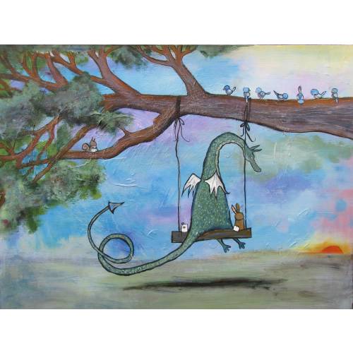 Kids Art Print Dragon Tree Swing Fairy Tale Nursery Decor Whimsical Storybook Artwork