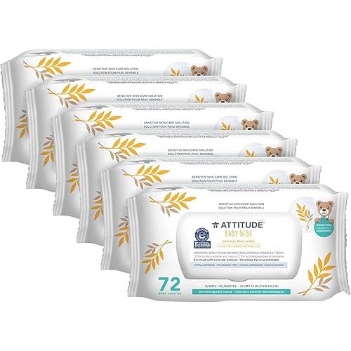 ATTITUDE Baby Wipes Unscented, For Sensitive Skin with Oat, Natural origin, Dermatollogically tested​, For Babies, Toddlers & Kids, Revitalizing Chamomile Extract, EWG Verified​, 72 Count (Pack of 6)