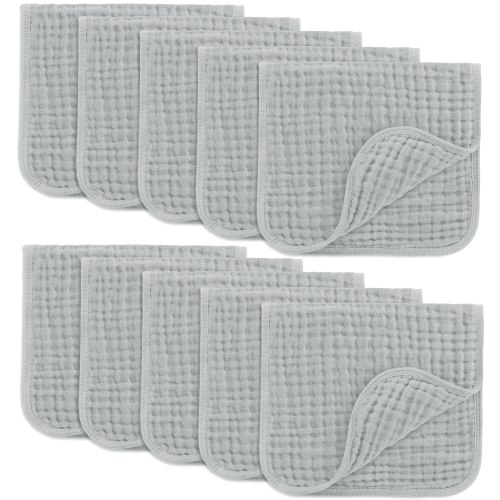 Comfy Cubs Muslin Burp Cloths - Large 100% Cotton Washcloths, 6 Layers (Heather Blue, 10-Pack, 20"X10")