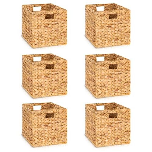 10.5x10.5in Wicker Storage Baskets, Handwoven Water Hyacinth Foldable Cube Bins for 11.5" × 11.5" and Larger Cube Shelves, Set of 6 (Natural)