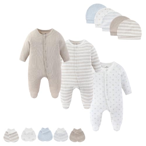 MAMIMAKA Baby Boy Girls Clothes 2-Way Zip Footed Long Sleeve 100% Cotton,Newborn Caps and Scratch Mittens Set 0-6 Months