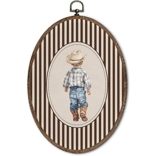 FLAWAFLOMA Western Cowboy Oval Wall Art Decor, Kids Room Canvas Wall Art Framed, Little Cowboy Hanging Decorations for Kids Toddler Boy Nursery Room Bedroom Playroom Decor, 8.6x11.4 Inch