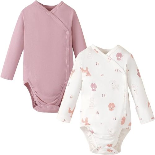 DEFAHN Baby Side Snap Bodysuit Kimono Onsies Newborn Boy Girl 3-Pack 100% Cotton Basic Pattern Kimono Bodysuits