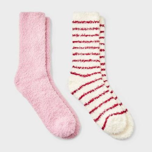 Women's 2pk Striped Chenille Mari Cozy Socks - Auden™ Raspberry/Solid Pink 4-10