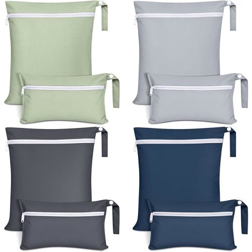 8 Pack Wet Dry Bags Large & Small Waterproof Reusable Travel Zipper Pouches for Baby Diapers Family Wet Clothes Beach Swimsuits Toiletries(2 Sizes,Solid Color,Neutral)