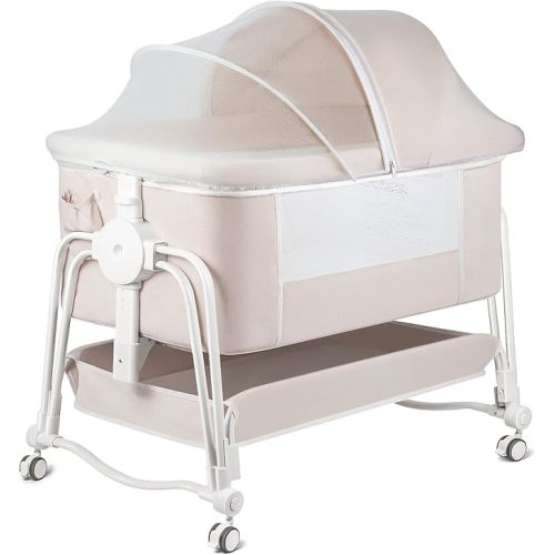 4 in 1 Baby Bassinet Bedside Sleeper, Rocking Baby Crib with Lockable Wheels, Storage, Mosquito Net and Matress Included, 7 Level Adjustable Bedside Bassinet for Baby Newborn(Cream)