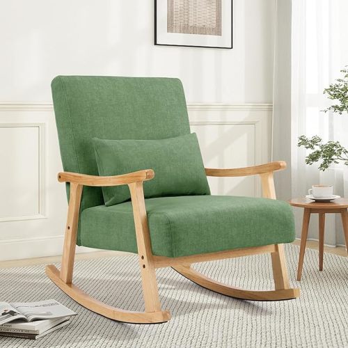 Mid Century Modern Rocking Chair with Lumbar Pillow, Upholstered Nursery Glider Chair Rocker, Solid Wood Frame Nursing Chair for Bedroom Living Room Small Space, Light Green