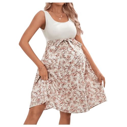 MakeMeChic Women's Maternity Floral Print Sleeveless Knitted Belted Flowy Short Tank Dress