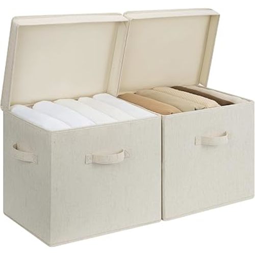 StorageWorks Fabric Storage Bins with Lids, Stackable Closet Storage Boxes with Handles, Decorative Storage Organizers, 15" x11¼x12½, Beige, 2-Pack