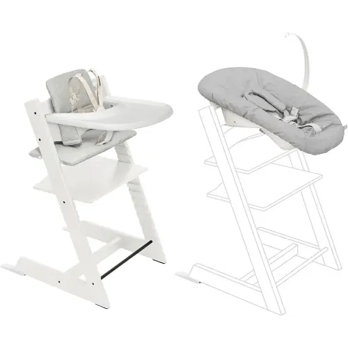 Stokke Tripp Trapp High Chair 2 (White) + Newborn Set + Cushion 2 (Nordic Grey) + Stokke Tray (White) - Includes Chair & Baby Set with Removable Harness for Children 6-36 Months