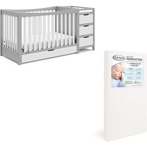 Graco Remi 4-in-1 Convertible Crib & Changer (Pebble Gray & White) - with Graco Premium Foam Crib & Toddler Mattress
