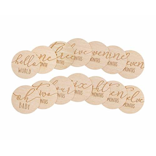 Pearhead Wooden Monthly Milestone Photo Cards - 7 Double-Sided Engraved Discs for Baby Announcement and Milestones, Holiday Baby Photos, Gender-Neutral Photo Props for Newborn Boy and Girl, Light Wood