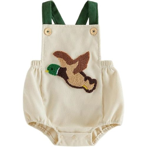 Newborn Baby Boy Clothes Duck/Tractor Sleeveless Romper | Duck/Tractor Embroidered, Sleeveless, Halter, Corduroy Bib Overall Jumpsuit, Farm Outfit boy, Hunting clothes boy