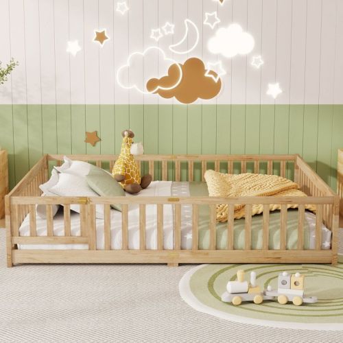 Queen Size Floor Bed with Door and Fence, Wood Platform Bed Frame with Safety Guardrails for Kids, Natural