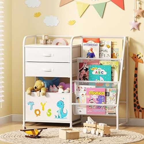 BBLIKE Kids Bookshelf and Toy Storage Organizer - 3 Tier Book Shelf with Movable Toy Box for Kids Rooms, Ideal Bookcase and Toy Organizer with 2 Drawers for Playroom, Bedroom, Nursery, White