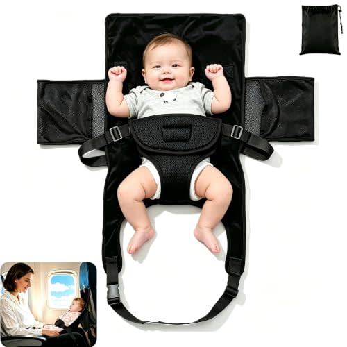 Baby Airplane Bed, Black, Suits Infants Under 18in, 1-12M | Portable Plane Seat Extender, Soft Infant Travel Essential, Practical Footrest for Long Flights, 31×17In