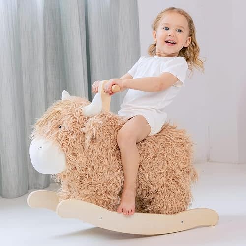 Baby Rocking Horse for 1 Year Old,Wooden Cow Animal Rocker Ride-on Toy Plush Wooden Rocking Toy for Nursery Playroom Indoor Wooden Rocking Horse Balance Seat with Handles Birthday Party Shower Gift
