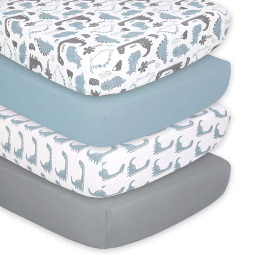 The Peanutshell, Fitted Crib Sheets, 4 Pack Set, Blue Dino