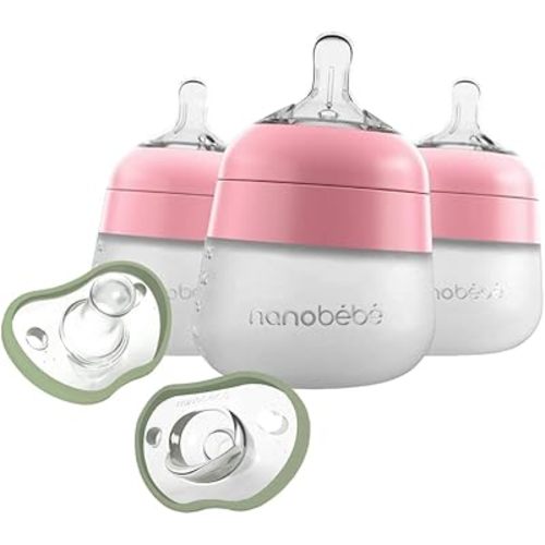 Nanobebe Flexy Silicone Baby Bottlw 3-Pack, 5-oz Pink with Baby Pacifiers 0-3 Month, 2-Pack in Sage