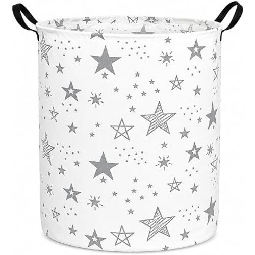 Collapsible Kids Laundry Basket Clothes Hamper, Foldable Storage Organizer Bin, Toy Clothes Storage with Handles for Boys Girls Bedroom, Room Decor Grey Star