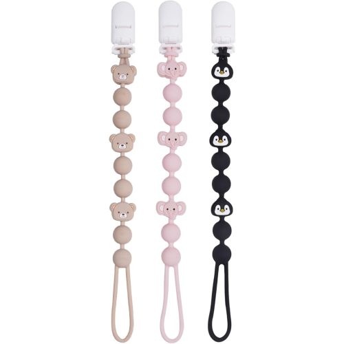 Cute Fruits Silicone Pacifier Clip Holder,Pack of 3,Flexible One Piece Design Paci Leash,Binky Clips for Baby Boys and Girls,Newborn Essential. (Elephant,Penguin,Bear)