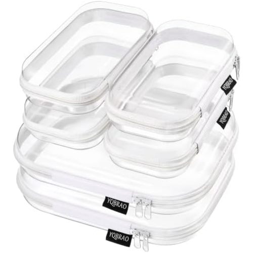 YQBRAO Clear Hard Shell Zipper Cases, 6 Travel Organizers, 2M 4S, White