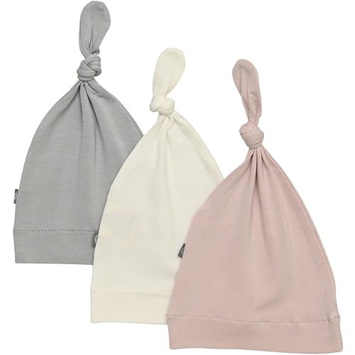 KYTE BABY Rayon Made from Bamboo Baby Beanie Soft Knotted Caps, 3 Pack (0-3 Months, Storm/Blush/Cloud)
