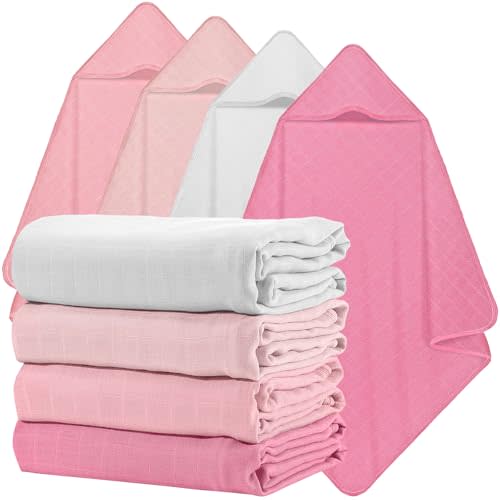 Preboun 4 Pcs Muslin Hooded Baby Towels,32"x 32" Cotton Newborn Bath Towel Muslin Infant Baby Blankets Absorbent Unisex Newborn Registry Gift for Girls Boys(Pink Series)