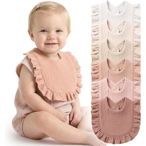 Konssy 6-Pack Muslin Baby Girl Bibs, Absorbent Drool Bibs with Ruffle Trim | 100% Soft Cotton, 6-Layer Absorbency, Adjustable Bibs for Drooling & Teething, Newborn to Toddler 0-36M
