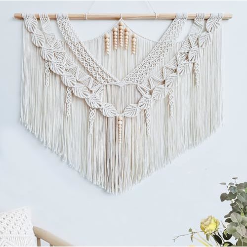 Achart Macrame Wall Hanging Large- Boho Wall Decor- large wall art- Wall Decor Living Room- Macrame Tapestry Boho Decor for Bedroom (Leaf &Wood Bead)