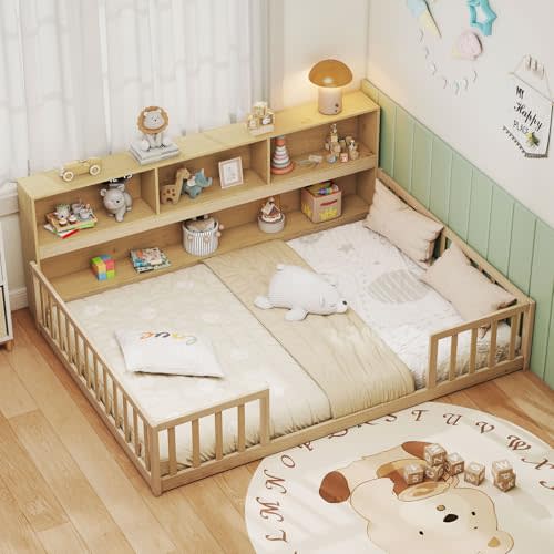 GIANTEX Full Size Floor Bed for Kids, Wooden Montessori Bed Frame with Bookcase, Storage Shelves & Safety Fence Rails, Floor Beds Full for Girls, Boys, No Box Spring Needed, Without Slats, Natural