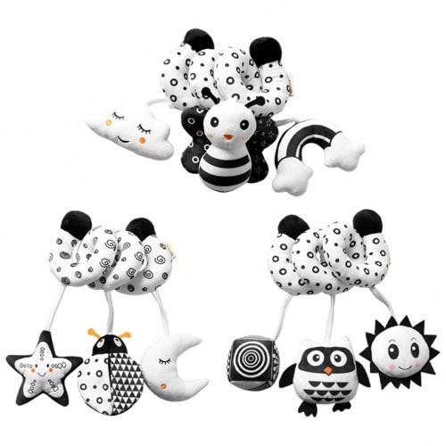 Baby Crib Toy CRIB Bed Stroller Stretch Spiral Plush Toys Cartoon Animal Crib Winding Rattles Black & White High Contrast Sensory Toys for Infant 0-12 Months